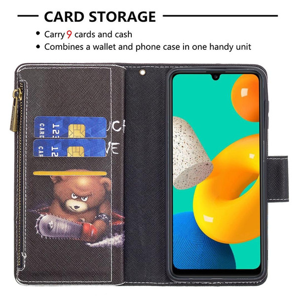 Samsung Galaxy M32 Colored Drawing Pattern Zipper Horizontal Flip Leather Case with Holder & Card Slots & Wallet(Bear)