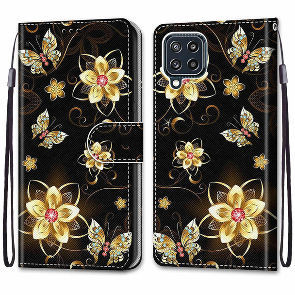 Samsung Galaxy M32 Coloured Drawing Cross Texture Horizontal Flip PU Leather Case with Holder & Card Slots & Wallet & Lanyard(Gold Diamond Butterfly)
