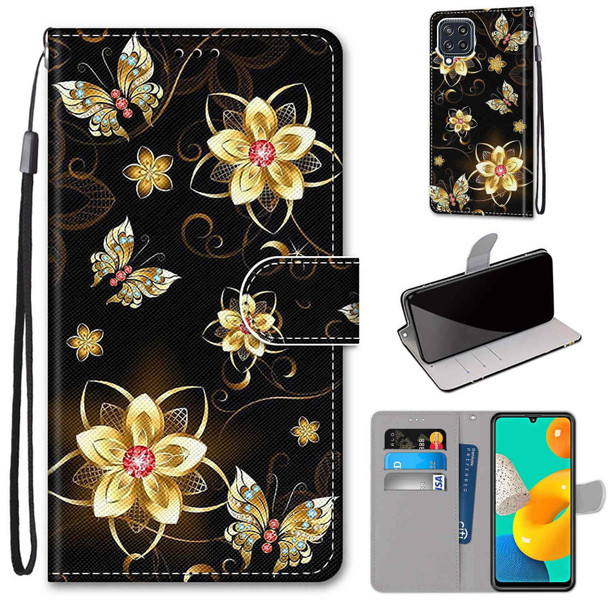 Samsung Galaxy M32 Coloured Drawing Cross Texture Horizontal Flip PU Leather Case with Holder & Card Slots & Wallet & Lanyard(Gold Diamond Butterfly)