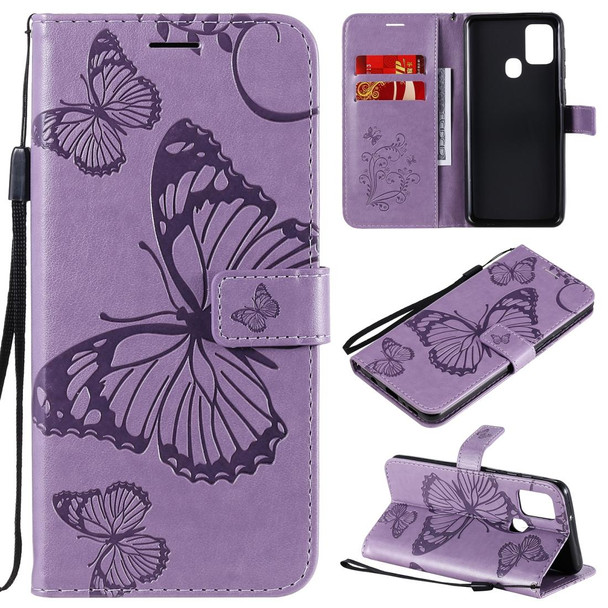 Samsung Galaxy A21s 3D Butterflies Embossing Pattern Horizontal Flip Leather Case with Holder & Card Slot & Wallet(Purple)