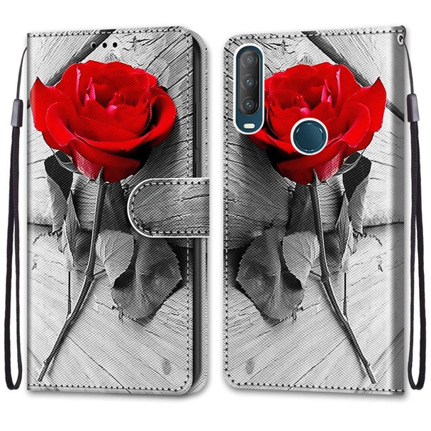 Alcatel 1S (2020) / 3L (2020) Coloured Drawing Cross Texture Horizontal Flip PU Leatherette Case with Holder & Card Slots & Wallet & Lanyard(Wood Red Rose)