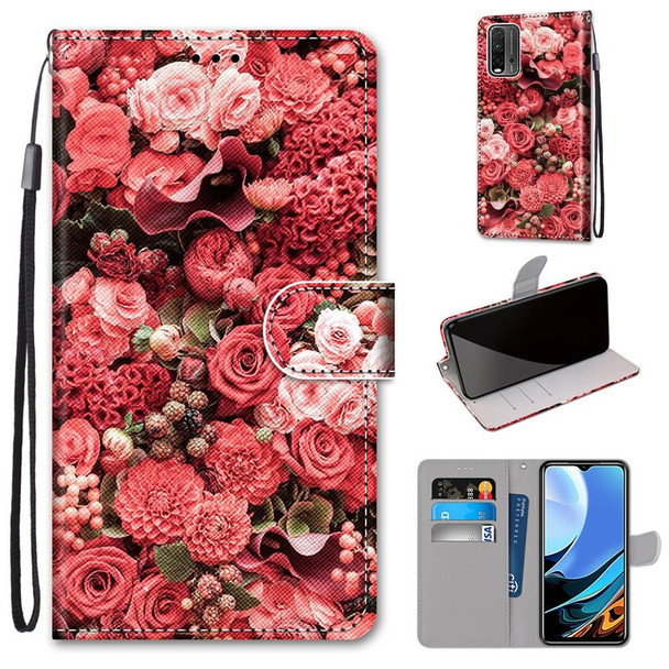 Xiaomi Redmi Note 9 4G / 9 Power Coloured Drawing Cross Texture Horizontal Flip PU Leather Case with Holder & Card Slots & Wallet & Lanyard(Pink Rose Garden)