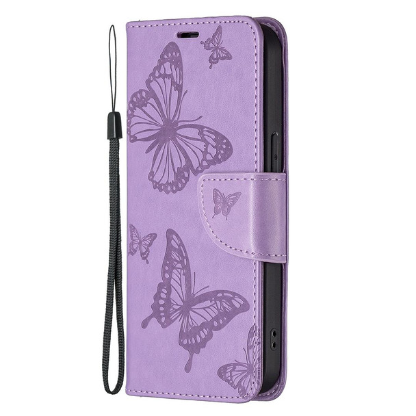 Embossing Two Butterflies Pattern Horizontal Flip PU Leatherette Case with Holder & Card Slot & Wallet & Lanyard - iPhone 13(Purple)