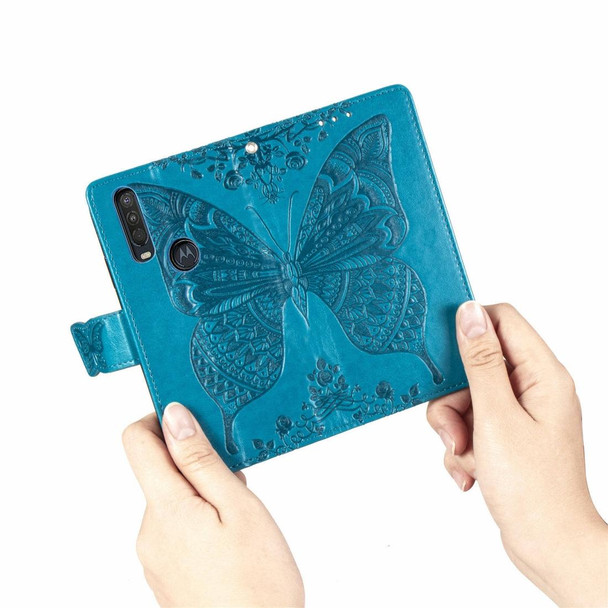 Motorola One Action Butterfly Love Flower Embossed Horizontal Flip Leather Case with Bracket Lanyard Card Slot Wallet(Blue)