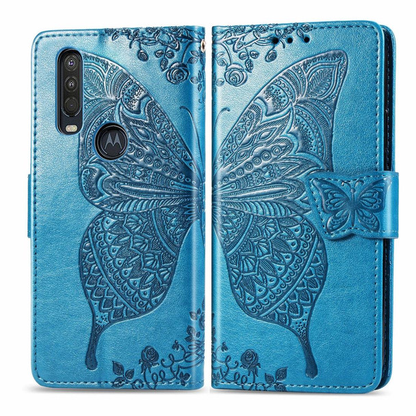 Motorola One Action Butterfly Love Flower Embossed Horizontal Flip Leather Case with Bracket Lanyard Card Slot Wallet(Blue)