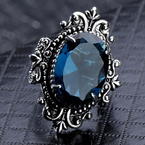 925 Silver Vintage Goose Egg-shaped Sea Blue Topaz Ring, Ring Size:8