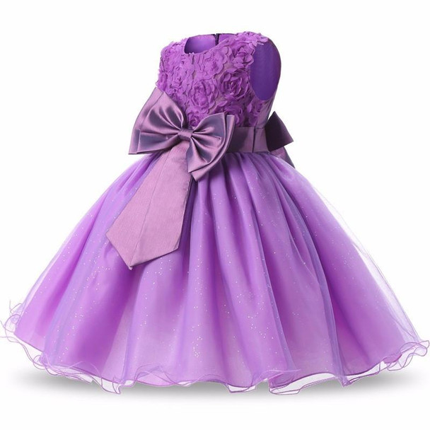 Purple Girls Sleeveless Rose Flower Pattern Bow-knot Lace Dress Show Dress, Kid Size: 140cm