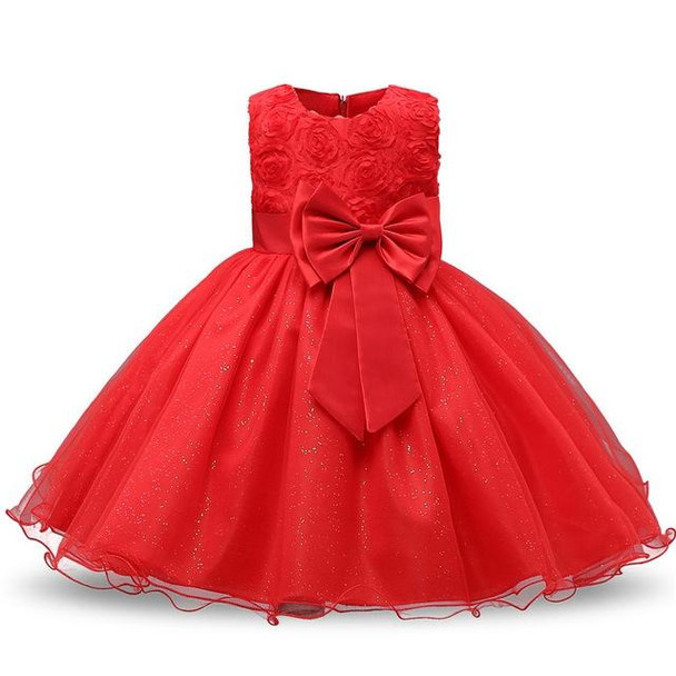 Red Girls Sleeveless Rose Flower Pattern Bow-knot Lace Dress Show Dress, Kid Size: 140cm