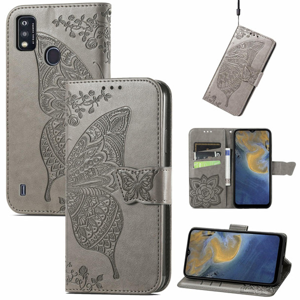 Butterfly Love Flowers Embossed Horizontal Flip Leatherette Case with Holder & Card Slots & Wallet & Lanyard - ZTE Blade A51(Gray)