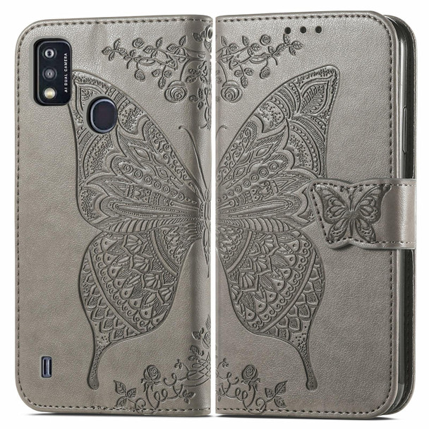 Butterfly Love Flowers Embossed Horizontal Flip Leatherette Case with Holder & Card Slots & Wallet & Lanyard - ZTE Blade A51(Gray)