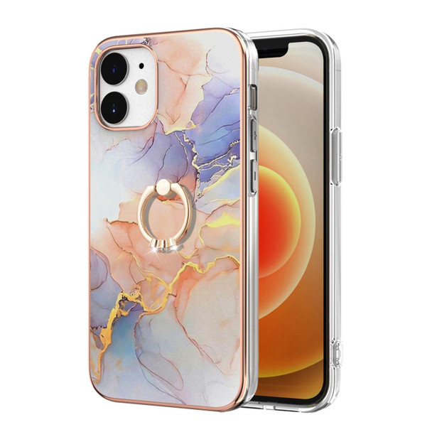 Electroplating Pattern IMD TPU Shockproof Case with Rhinestone Ring Holder - iPhone 12(Milky Way White Marble)