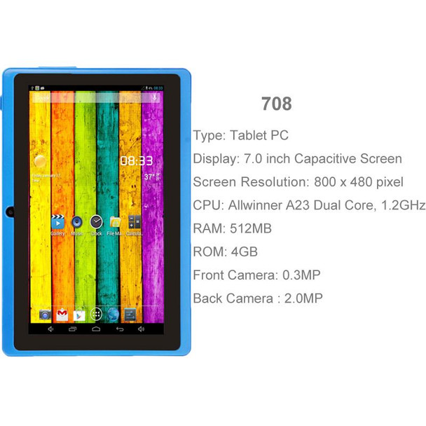 7.0 inch Tablet PC, 512MB+4GB, Android 4.2.2, 360 Degrees Menu Rotation, Allwinner A33 Quad-core, Bluetooth, WiFi(Blue)