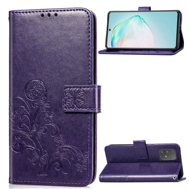 Galaxy S10 Lite / A91 / M80s Lucky Clover Pressed Flowers Pattern Leather Case with Holder & Card Slots & Wallet & Hand Strap(Purple)