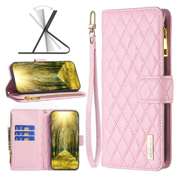 Diamond Lattice Zipper Wallet Leatherette Flip Phone Case - iPhone 13 Pro(Pink)