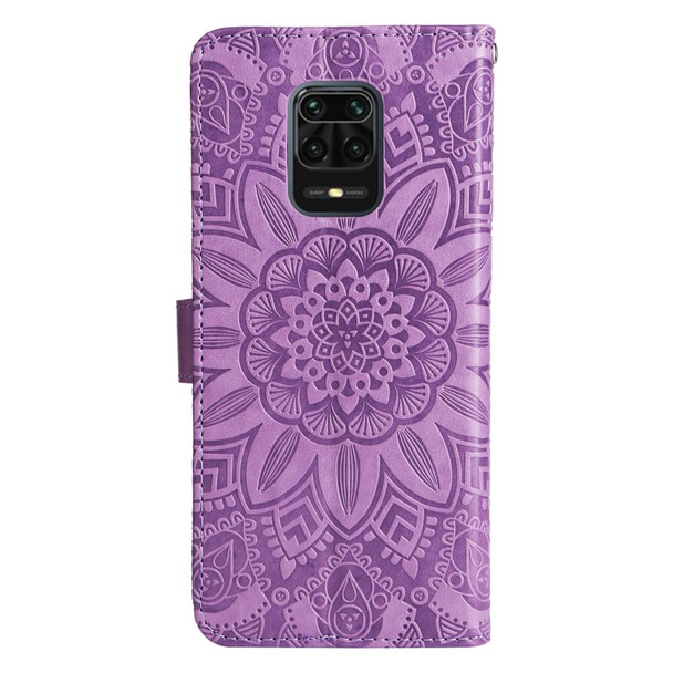 Xiaomi Redmi Note 9S Embossed Sunflower Leather Phone Case(Purple)