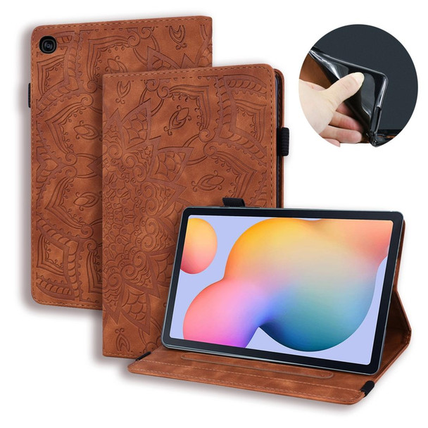 Samsung Galaxy Tab S6 Lite Calf Pattern Double Folding Design Embossed Leather Case with Holder & Card Slots & Pen Slot & Elastic Band(Brown)