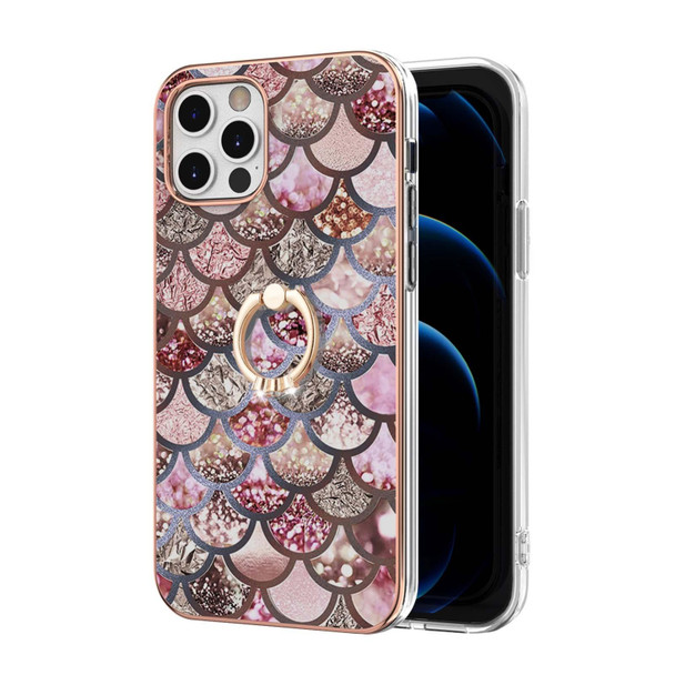 Electroplating Pattern IMD TPU Shockproof Case with Rhinestone Ring Holder - iPhone 12 Pro(Pink Scales)