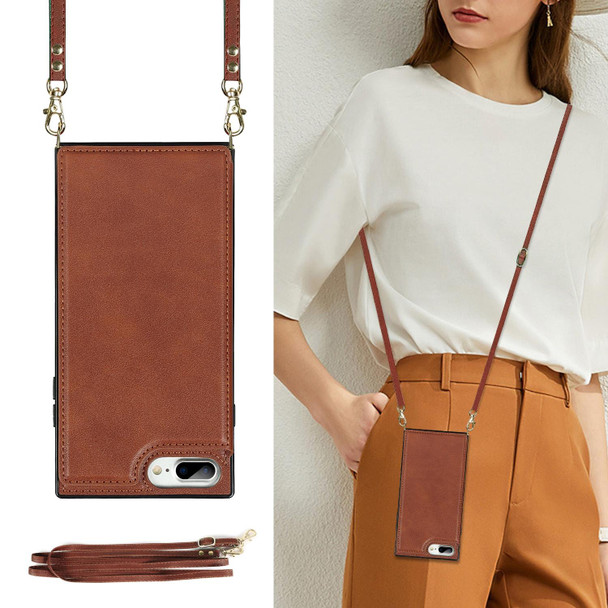 Cross-body Square Double Buckle Flip Card Bag TPU+PU Case with Card Slots & Wallet & Photo & Strap - iPhone SE 2022 / SE 2020 / 8 / 7(Brown)