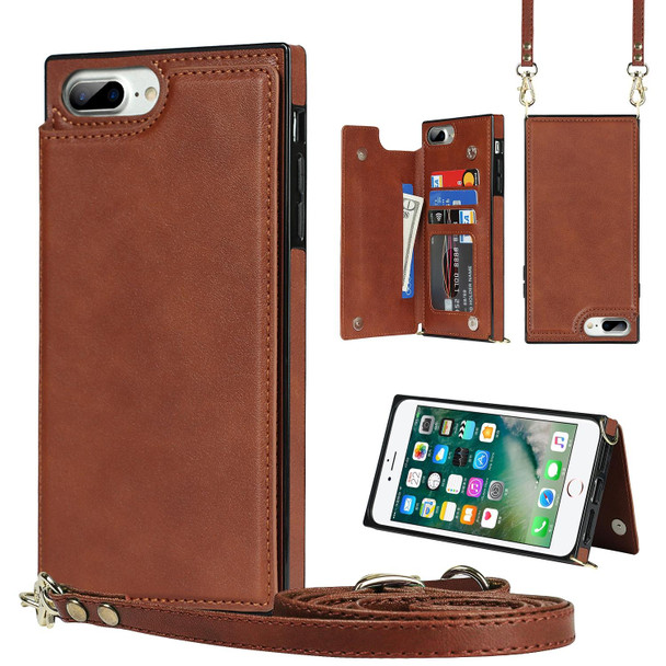 Cross-body Square Double Buckle Flip Card Bag TPU+PU Case with Card Slots & Wallet & Photo & Strap - iPhone SE 2022 / SE 2020 / 8 / 7(Brown)