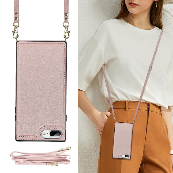 Cross-body Square Double Buckle Flip Card Bag TPU+PU Case with Card Slots & Wallet & Photo & Strap - iPhone SE 2022 / SE 2020 / 8 / 7(Rose Gold)