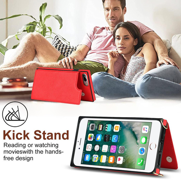 Cross-body Square Double Buckle Flip Card Bag TPU+PU Case with Card Slots & Wallet & Photo & Strap - iPhone SE 2022 / SE 2020 / 8 / 7(Red)