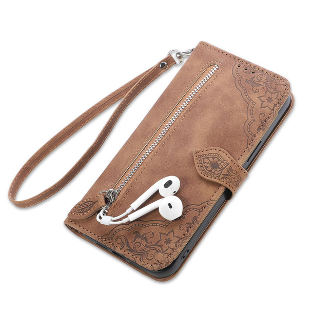 Embossed Flower Shockproof Leatherette Phone Case - iPhone 13(Brown)