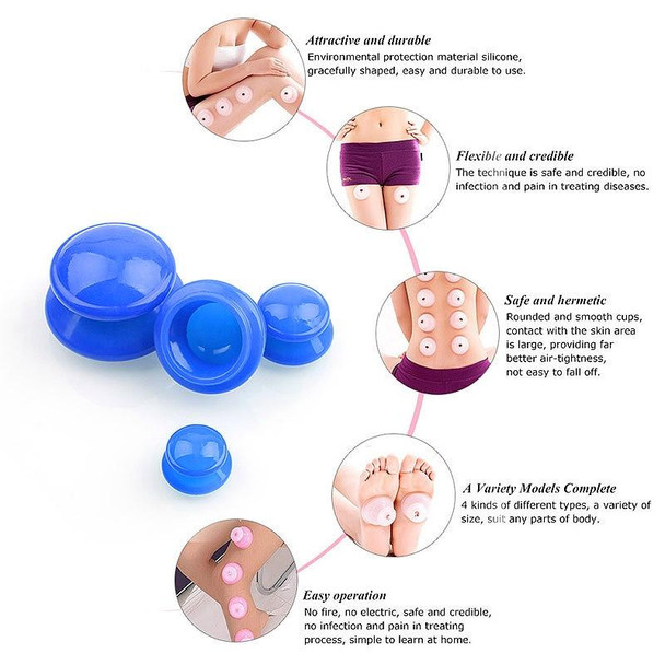 4 Cups / Set Health Care Body Massage Cupping Therapy Anti Cellulite Silicone Vacuum Cups (Blue)