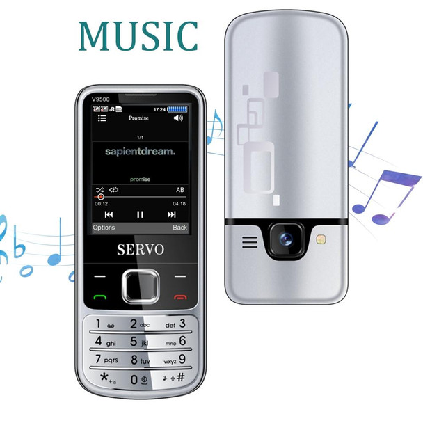 SERVO V9500 Mobile Phone, Russian Key, 2.4 inch, Spredtrum SC6531CA, 21 Keys, Support Bluetooth, FM, Magic Sound, Flashlight, GSM, Quad SIM(Silver)