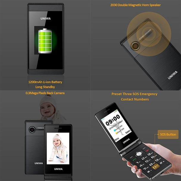 UNIWA X28 Dual-screen Flip Phone, 2.8 inch + 1.77 inch, MT6261D, Support Bluetooth, FM, SOS, GSM, Dual SIM(Gold)