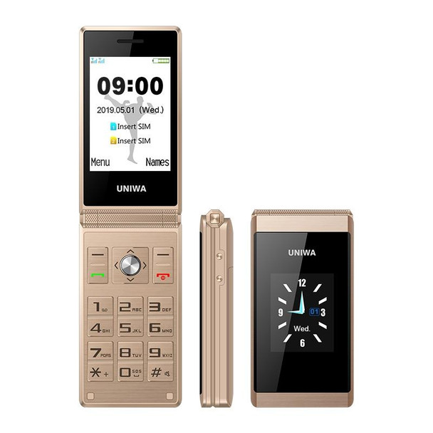 UNIWA X28 Dual-screen Flip Phone, 2.8 inch + 1.77 inch, MT6261D, Support Bluetooth, FM, SOS, GSM, Dual SIM(Gold)