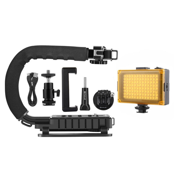 PULUZ U/C Shape Portable Handheld DV Bracket Stabilizer + LED Studio Light Kit with Cold Shoe Tripod Head  for All SLR Cameras and Home DV Camera