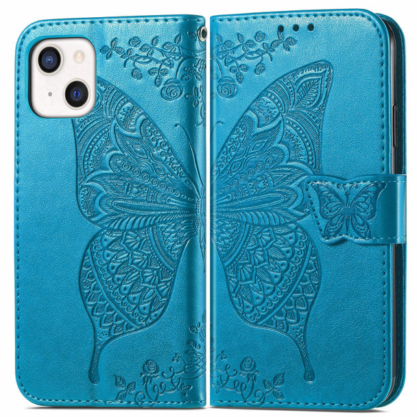 Butterfly Love Flower Embossed Horizontal Flip Leatherette Case with Bracket / Card Slot / Wallet / Lanyard - iPhone 13(Blue)