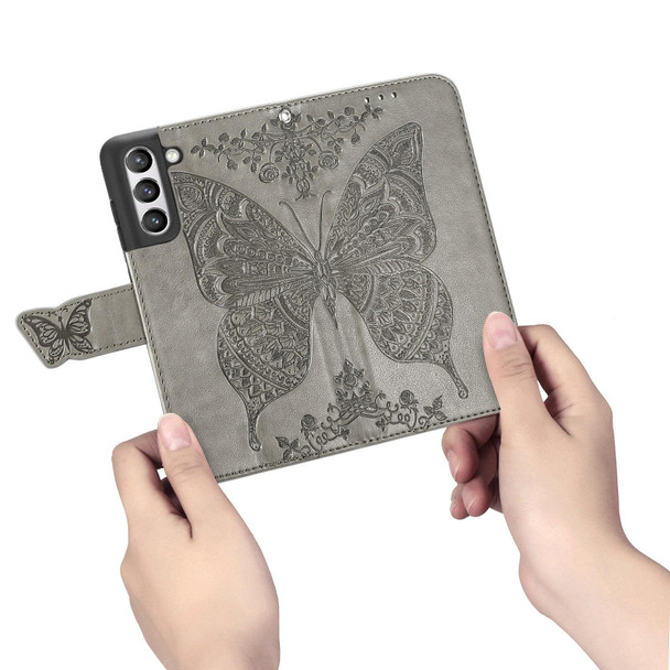 Samsung Galaxy S21 FE Butterfly Love Flowers Embossed Horizontal Flip Leather Case with Holder & Card Slots & Wallet & Lanyard(Grey)