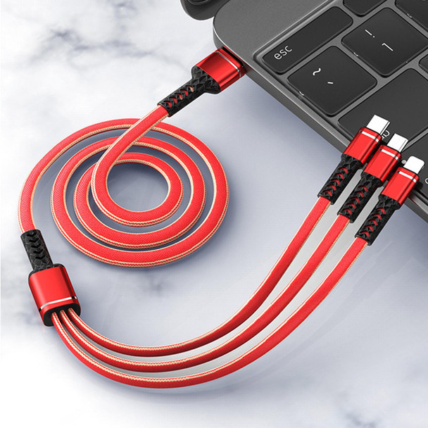 1.2m USB to 8 Pin + USB-C / Type-C + Micro USB 3 in 1 Nylon Braided Charging Cable(Red)