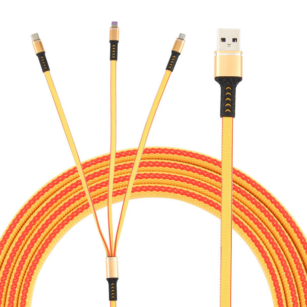 1.2m USB to 8 Pin + USB-C / Type-C + Micro USB 3 in 1 Nylon Braided Charging Cable(Yellow)