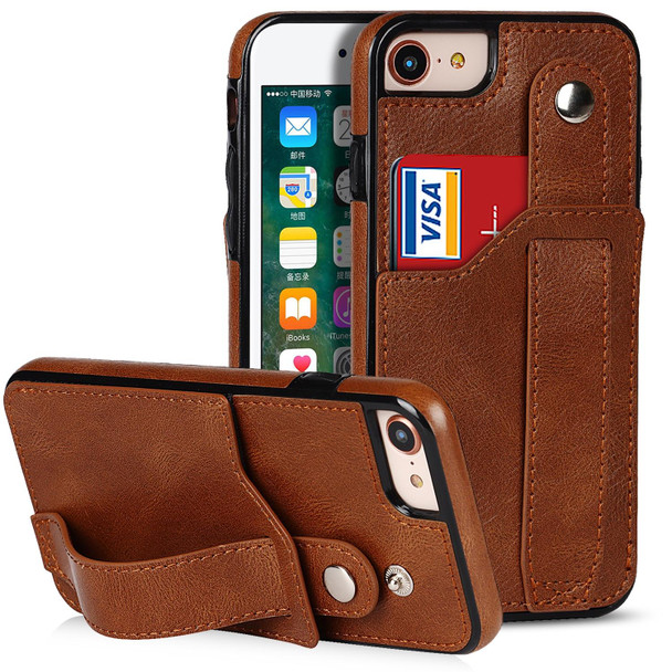 Crazy Horse Texture Shockproof TPU + PU Leatherette Case with Card Slot & Wrist Strap Holder -  iPhone SE 2022 / SE 2020 / 7 / 8(Brown)