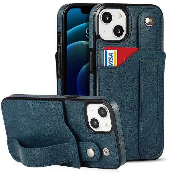 Crazy Horse Texture Shockproof TPU + PU Leatherette Case with Card Slot & Wrist Strap Holder - iPhone 13 mini(Sapphire Blue)