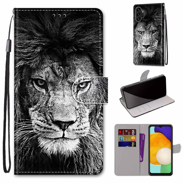 Samsung Galaxy A13 4G Coloured Drawing Cross Texture Horizontal Flip PU Phone Leather Case with Holder & Card Slots & Wallet & Lanyard(Colorful Layer(Black and White Lion Head)