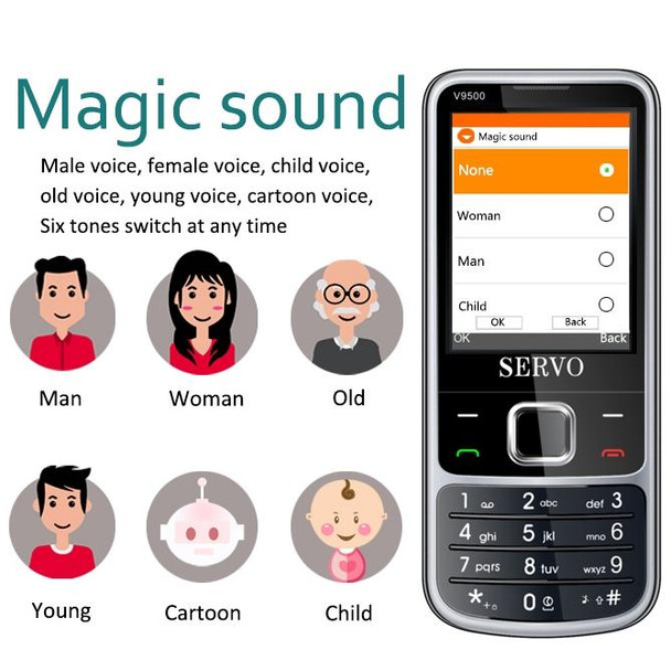SERVO V9500 Mobile Phone, English Key, 2.4 inch, Spredtrum SC6531CA, 21 Keys, Support Bluetooth, FM, Magic Sound, Flashlight, GSM, Quad SIM(Silver)