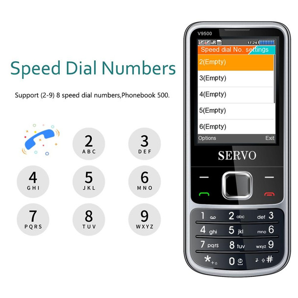 SERVO V9500 Mobile Phone, English Key, 2.4 inch, Spredtrum SC6531CA, 21 Keys, Support Bluetooth, FM, Magic Sound, Flashlight, GSM, Quad SIM(Black)