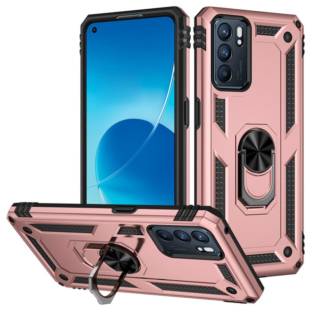 OPPO Reno6 5G Shockproof TPU + PC Holder Phone Case(Rose Gold)