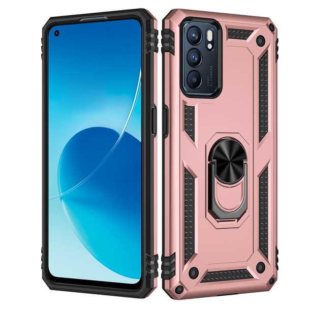 OPPO Reno6 5G Shockproof TPU + PC Holder Phone Case(Rose Gold)