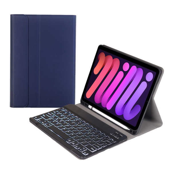 A06BS Ultra-thin Backlight Bluetooth Keyboard Leatherette Tablet Case with Holder & Pen Slot - iPad mini 6(Dark Blue)