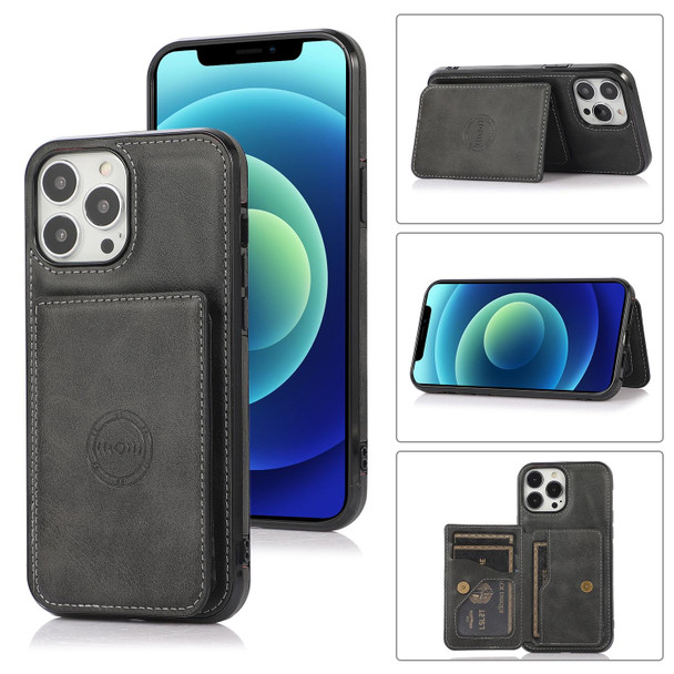 Calf Texture Magnetic Card Bag PU Shockproof Case with Holder & Card Slot - iPhone 13 Pro(Black)