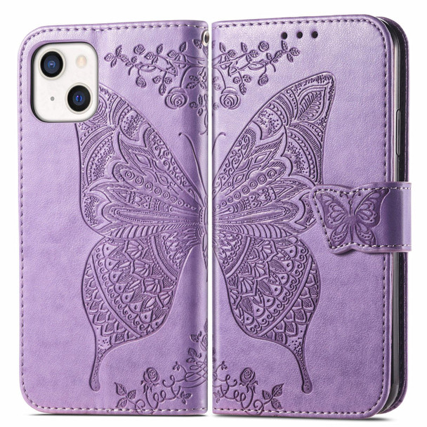 Butterfly Love Flower Embossed Horizontal Flip Leatherette Case with Bracket / Card Slot / Wallet / Lanyard - iPhone 13 mini(Light Purple)