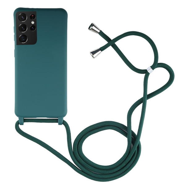 Samsung Galaxy S21 Ultra 5G Candy Colors TPU Protective Case with Lanyard(Dark Green)