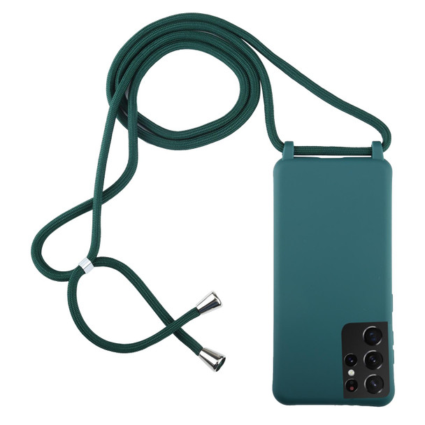 Samsung Galaxy S21 Ultra 5G Candy Colors TPU Protective Case with Lanyard(Dark Green)