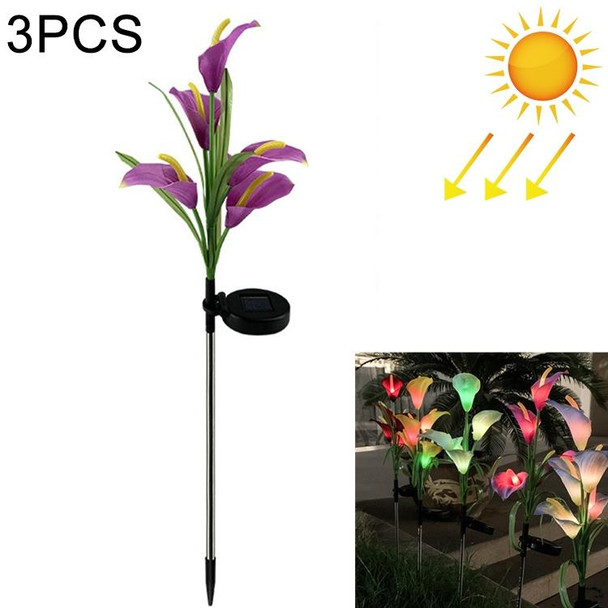 3PCS Simulated Calla Lily Flower 5 Heads Solar Powered Outdoor IP65 Waterproof LED Decorative Lawn Lamp, Colorful Light(Purple)