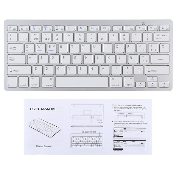 WB-8022 Ultra-thin Wireless Bluetooth Keyboard for iPad, Samsung, Huawei, Xiaomi, Tablet PCs or Smartphones, Spanish Keys(Silver)