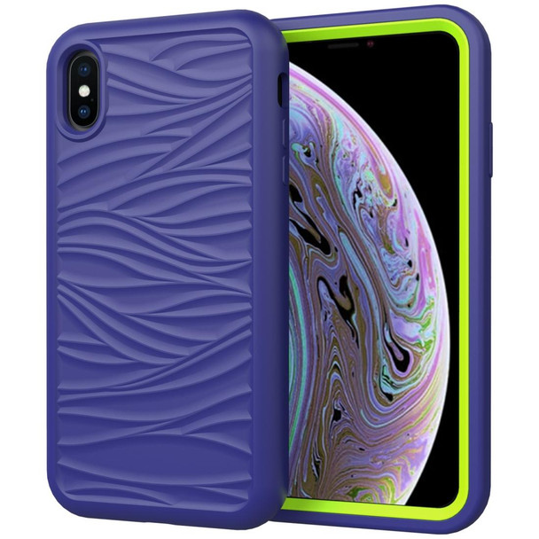 iPhone XR Wave Pattern 3 in 1 Silicone+PC Shockproof Protective Case(Navy Blue+Olivine)